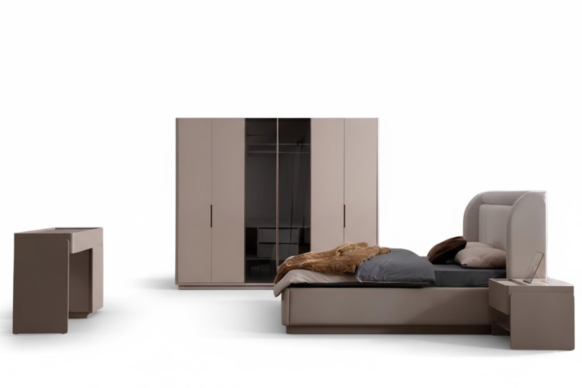 Designer Beiges Schlafzimmer Set Bett 2x Nachttische Kleiderschrank 5tlg Sofort