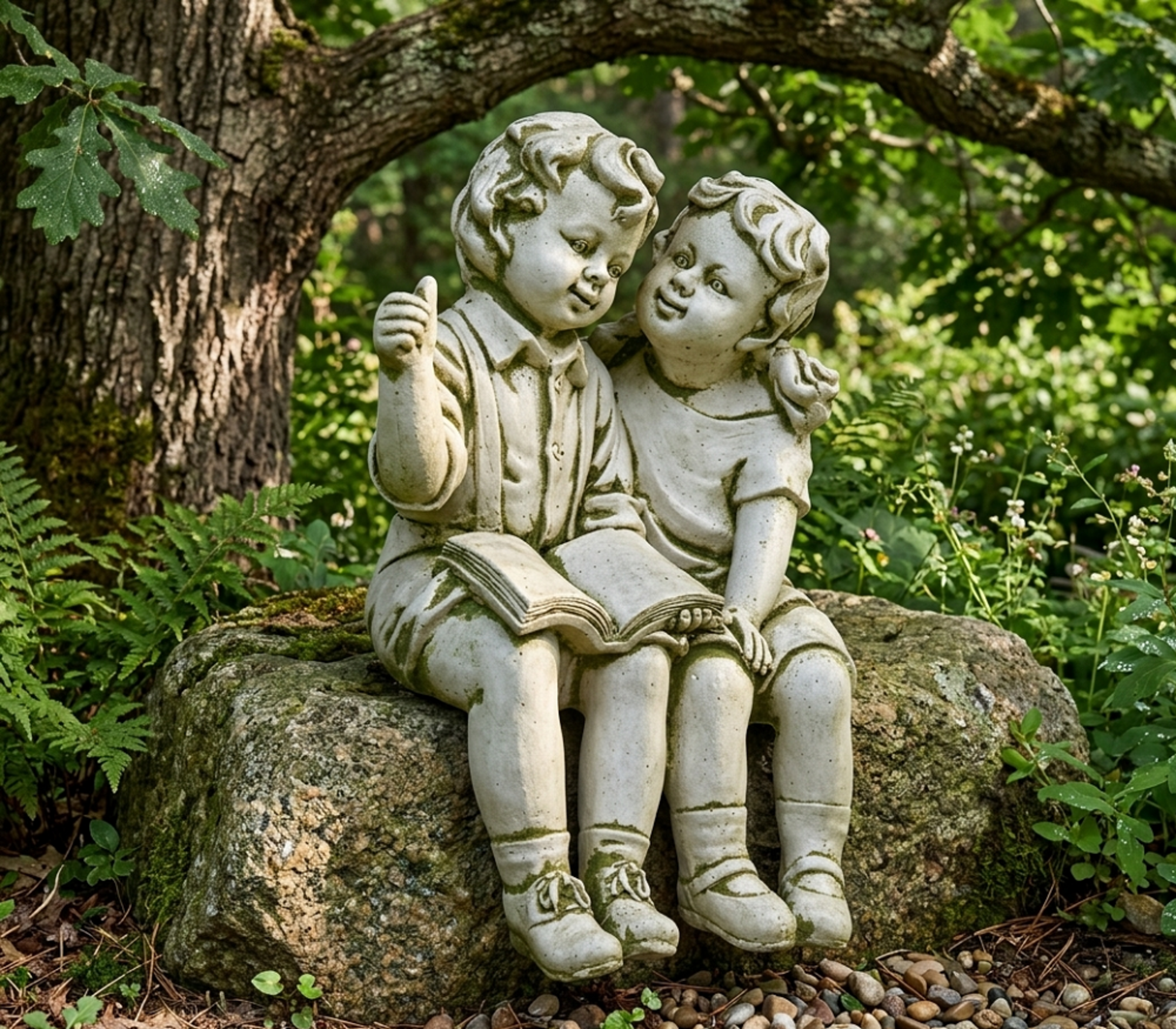 Statue Figur Kinder auf Bank Statuen Figuren Skulptur Skulpturen Garten