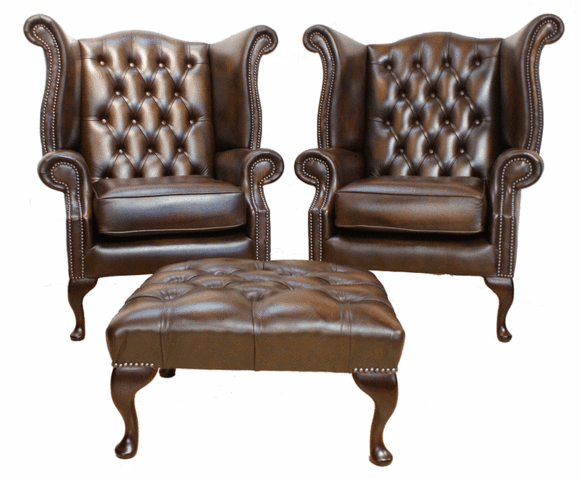 Chesterfield Leder Sessel Set Garnitur Ohrensessel x 2 + Hocker Garnitur