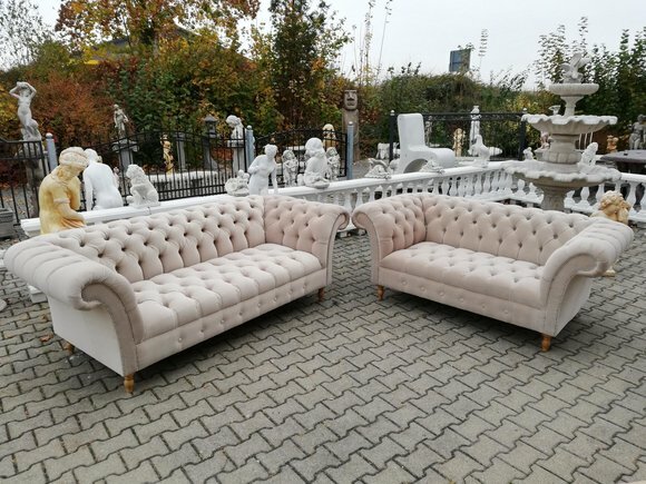 Designer Chesterfield Sofagarnitur Textil Beige 3+2 Couch Polster Sitz Sofa