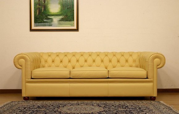 Design Chesterfield Sofa 3-Sitzer Gelb Couch Polster Leder Sofas Wohnzimmer Neu