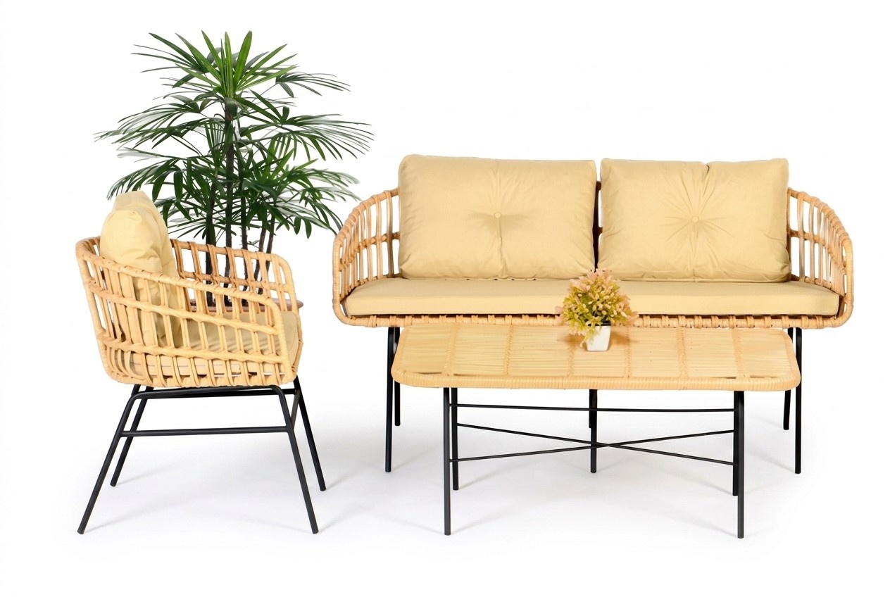 3tlg Garten Möbel Set Sofagarnitur Tisch Sessel Veranda Sitzgruppen Esstisch Neu