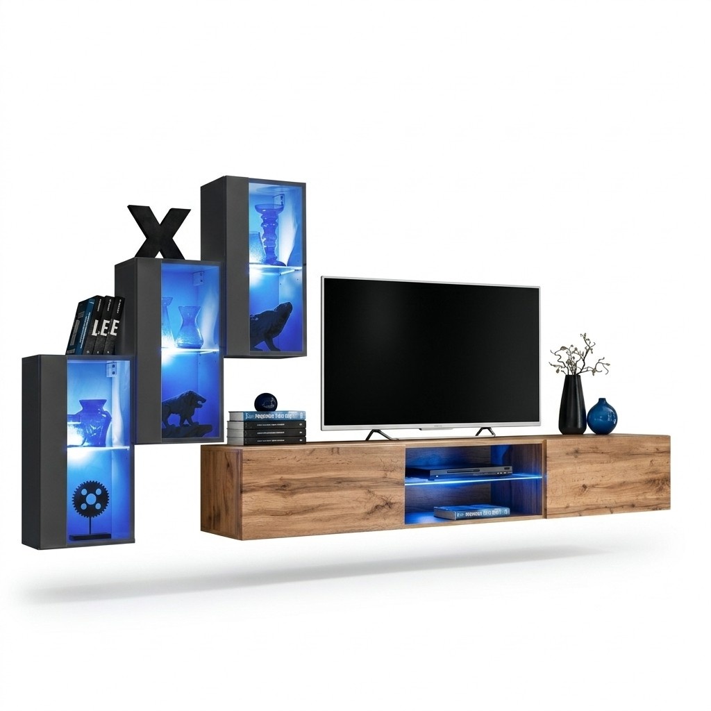 3x Wandschrank Wohnwand Set 4tlg Wohnzimmermöbel Wand Regale Sideboard