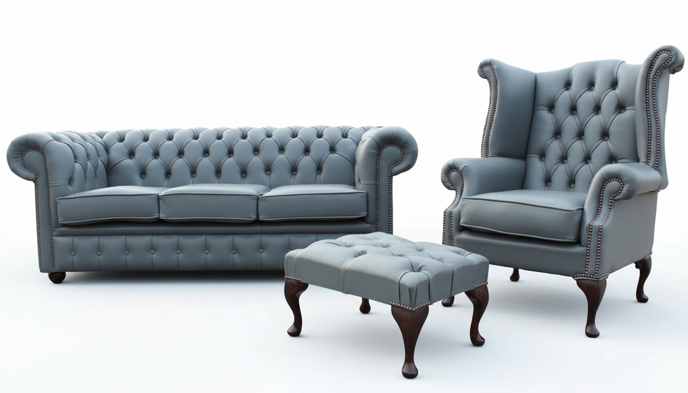 3 Sitzer Couch Ledersofa Chesterfiield + Ohrensessel Hocker 3 tlg. Sofagarnitur