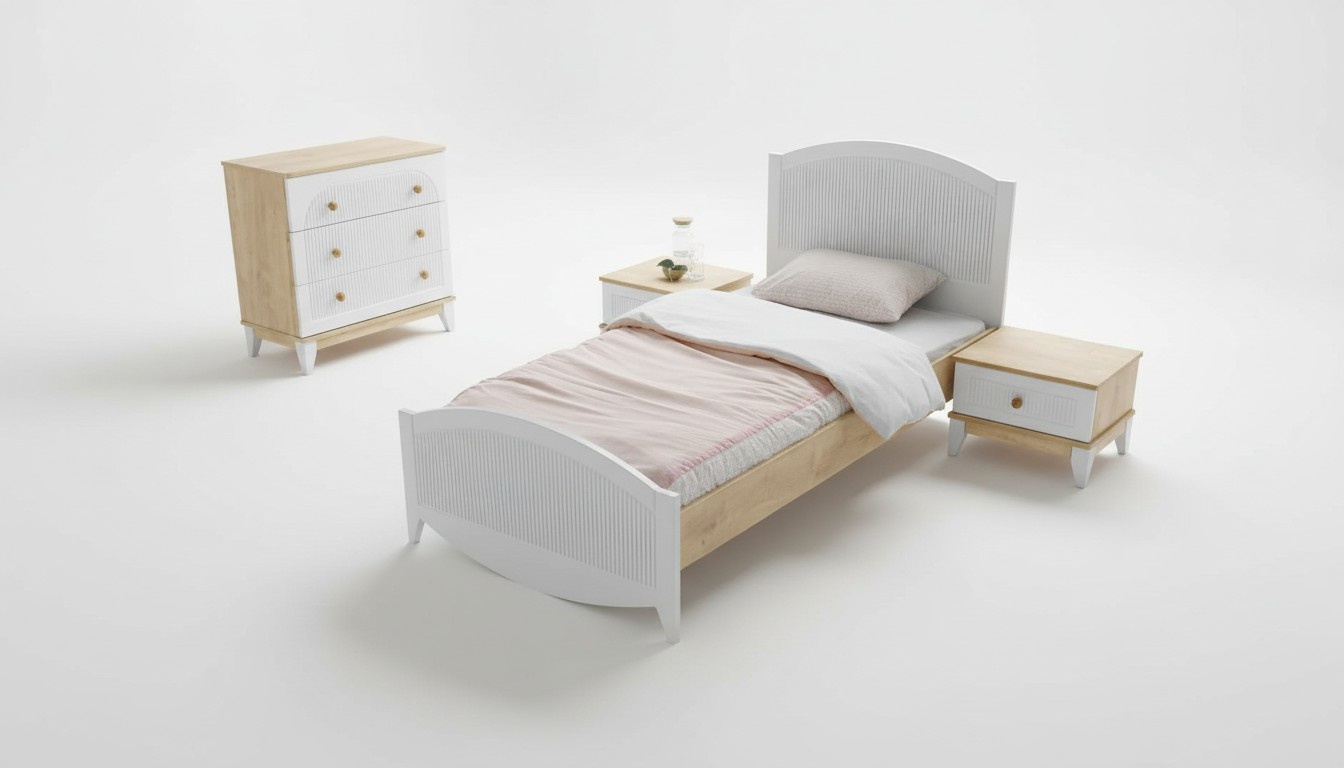 3-teiliges Set Bett Nachttisch und Kommode für das Kinderzimmer