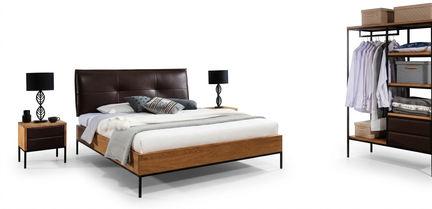 3 tlg. Komplett Set Holz Schlafzimmer Loft Stil Design Bett Kommode Schrank