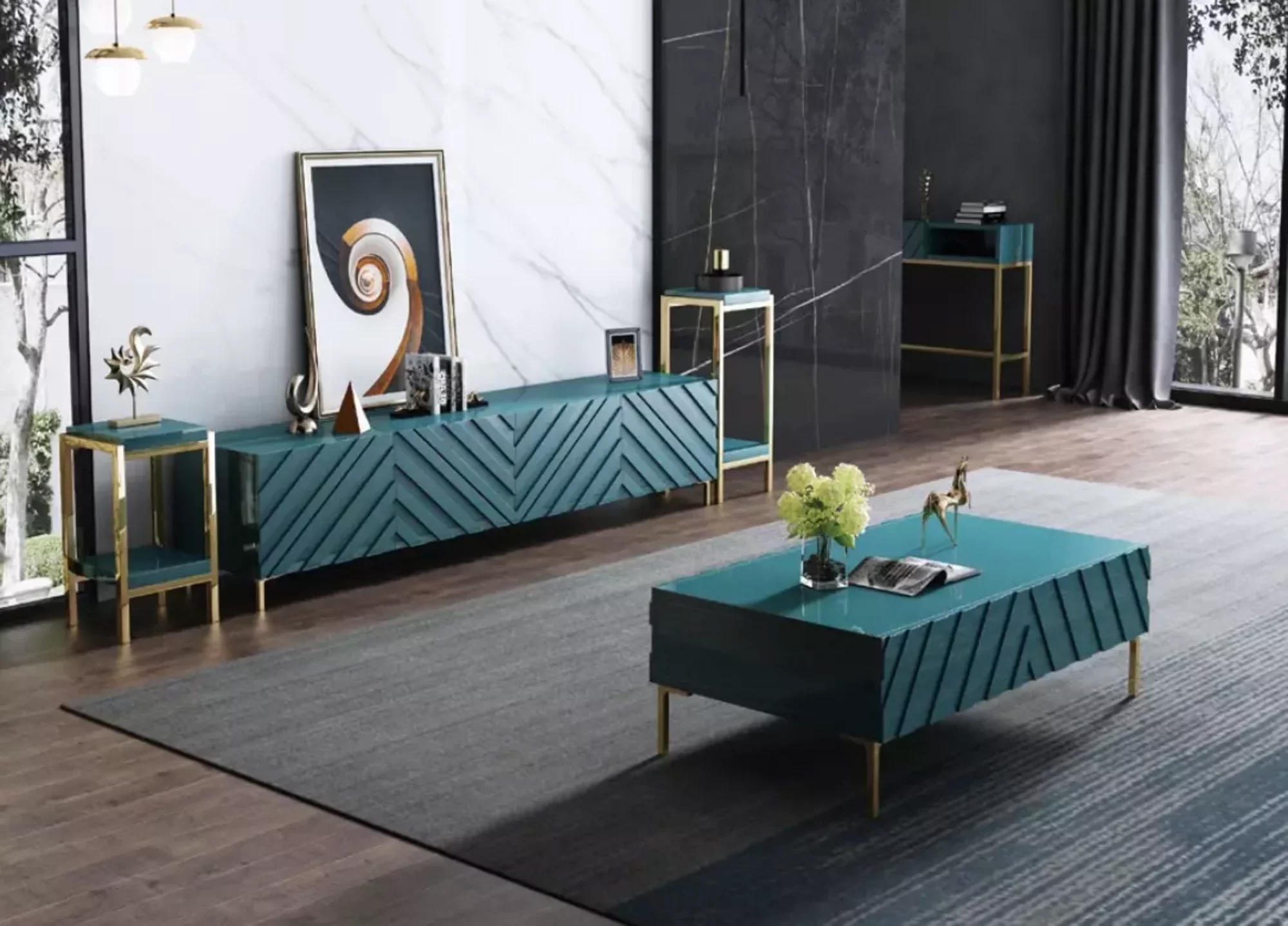 Sideboard 2x Seitenstaender Couchtisch Designer Wohn Zimmer Metall Luxus 4tlg.