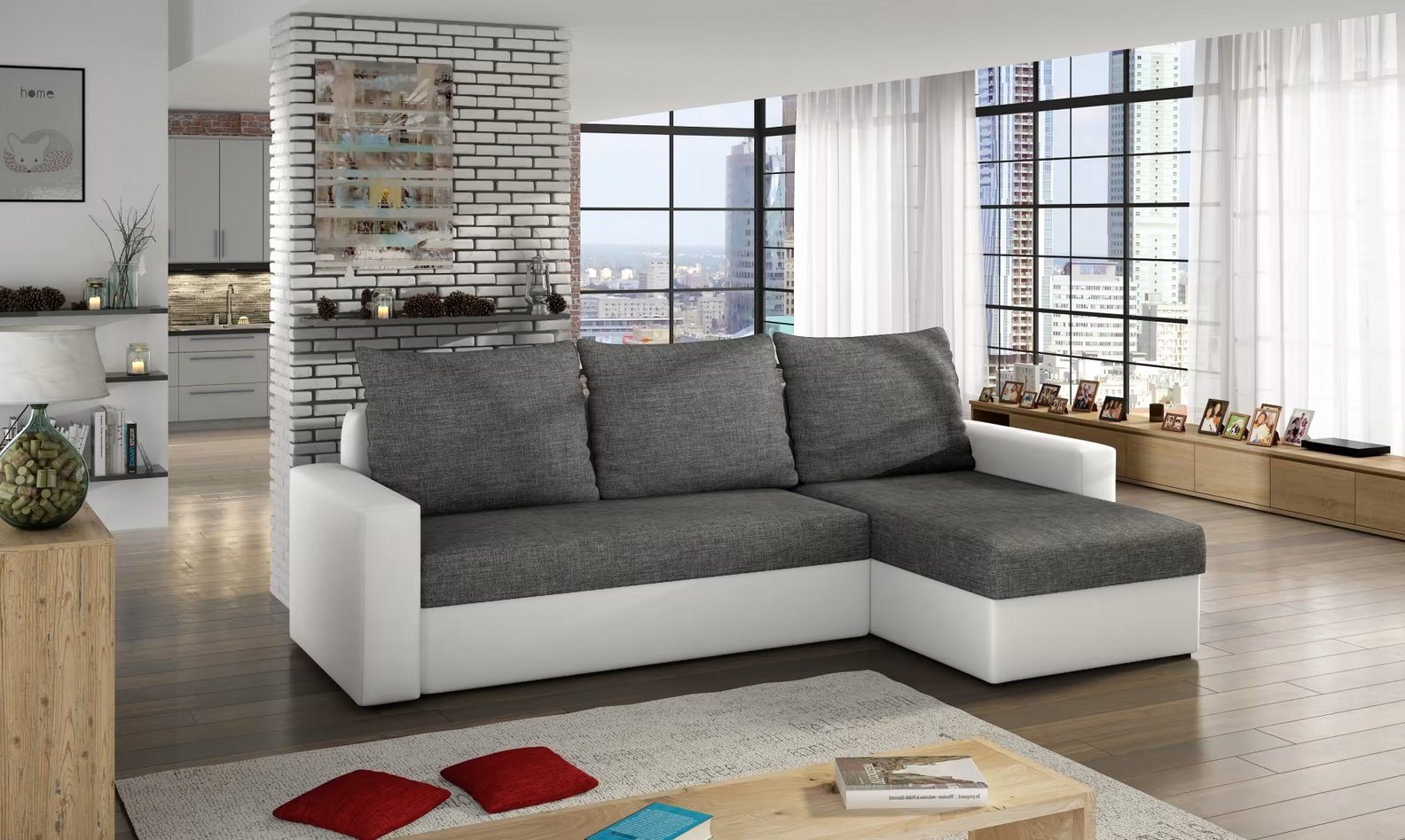 Design Ecksofa Schlafsofa Bettfunktion Couch Textil Polster Sofas Stoff Sofort