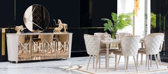 Esszimmer Set Gruppe Garnitur Tisch neu Esstisch 6x Stühle Kommode Spiegel 9tlg.