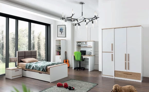 Modernes Jugendzimmer Set Bett Nachttisch Bücherregal Tisch 5tlg.