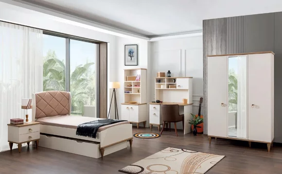 Unisex Jugendzimmer Set Bett Nachttisch Bücherregal Tisch 5tlg.