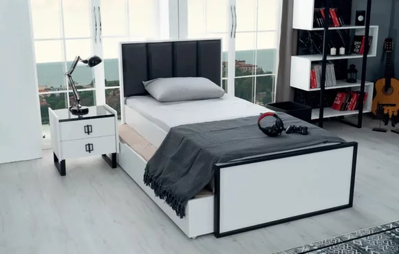 Teeneger Zimmer Jugend Schlafzimmer Bett + Nachttisch Schwarz Weiß 2tlg.