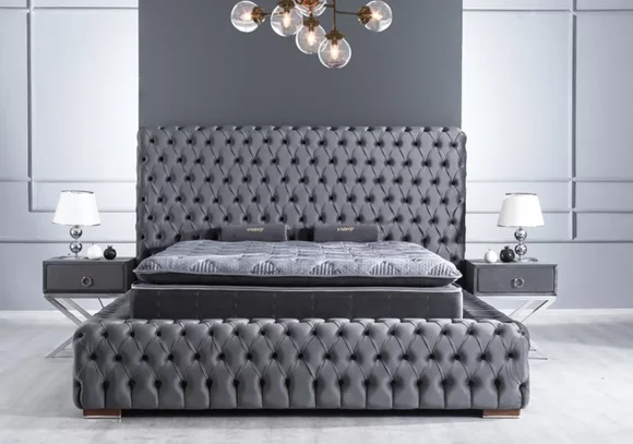Schlafzimmer Chesterfield Bett 3tlg. 2x Nachtische Samt mit Matratze