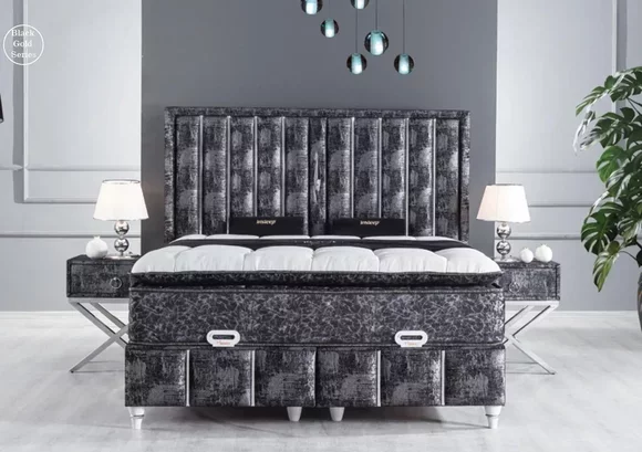 Schlafzimmer Set Schwarz Bett Design mit Matratze 2x Nachttische 3 tlg