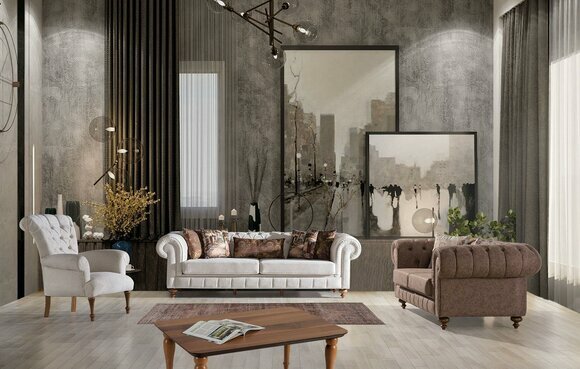 Weiß-Braune Chesterfield Sitzgruppe Designer Sofas Luxus Garnitur 3+2+1