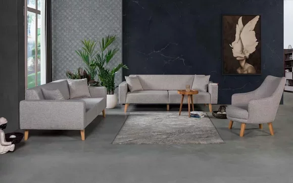 Sofa Garnitur 3+3+1 Sitz Couch Polster Sofas Sessel Design Holz Beige