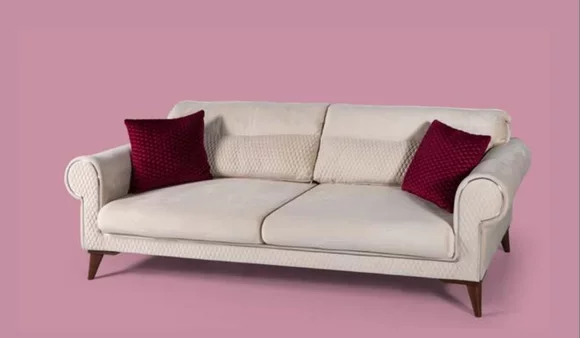 Designer Sofa Dreisitzer Stoff beige Couch große Polster Holz