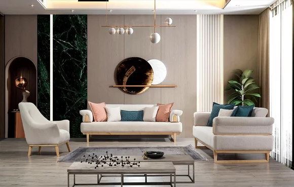 Sofagarnitur 3+3+1 Sitzer Garnitur Set Sofas Sessel Holz mit Textil