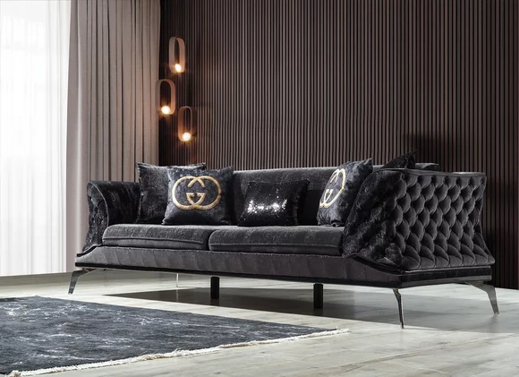 Sofa 3 Sitz Polster Möbel Dreisitzer Couchen schwarz Holz mit Metall