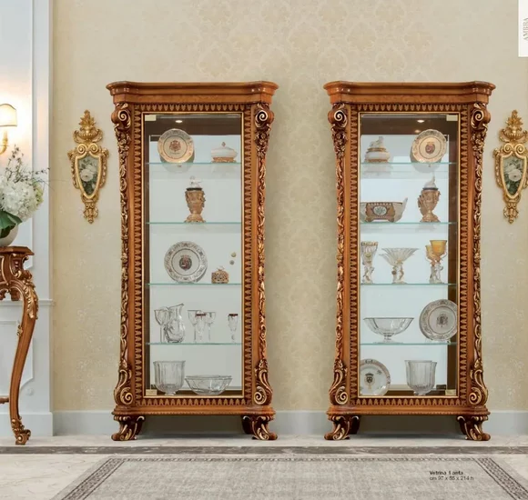 Vitrine Schränke Vitrinen Holz Luxus Wohnzimmer Möbel Gold Schrank