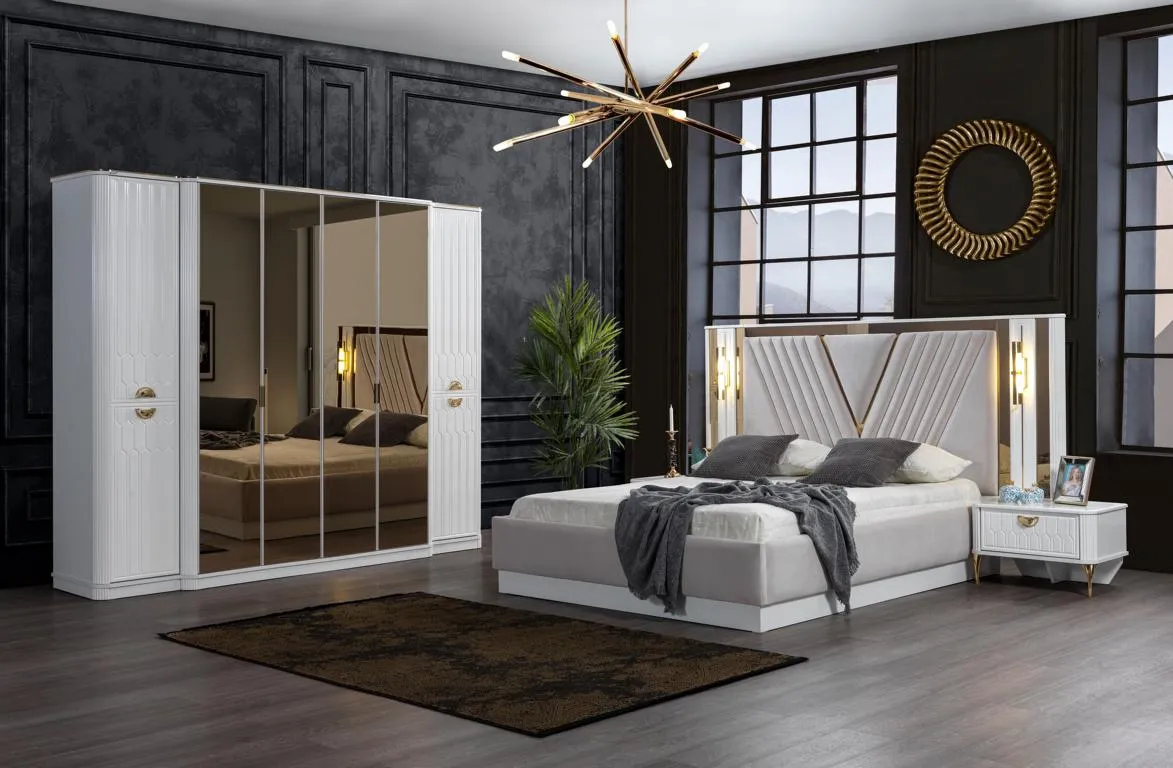Schlafzimmer Set Bett 2x Nachttisch Kleiderschrank Holz Set 4tlg.