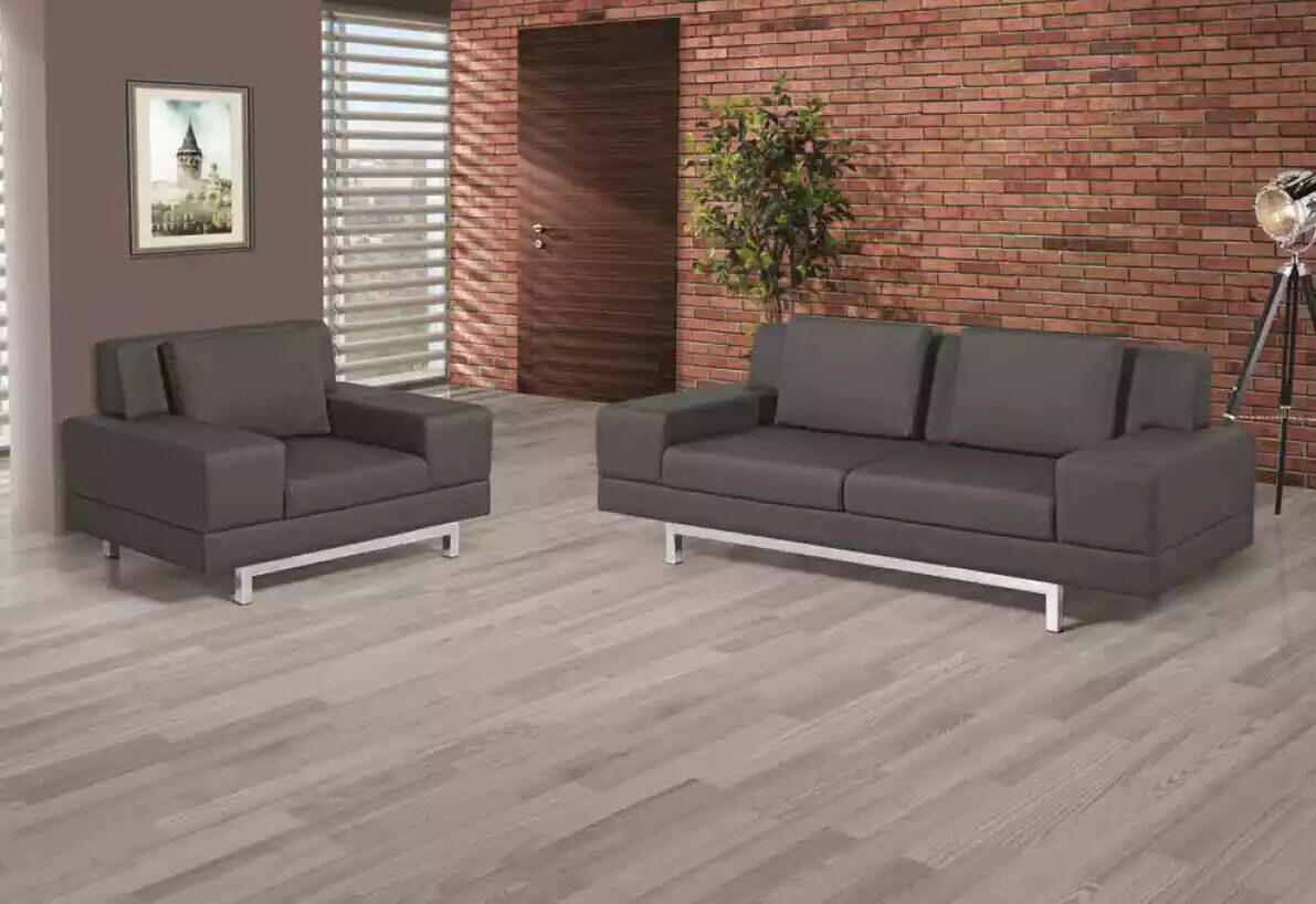 Graue Couchgarnitur Dreisitzer Sessel Sofagarnitur Arbeitszimmer Sofas 3+1