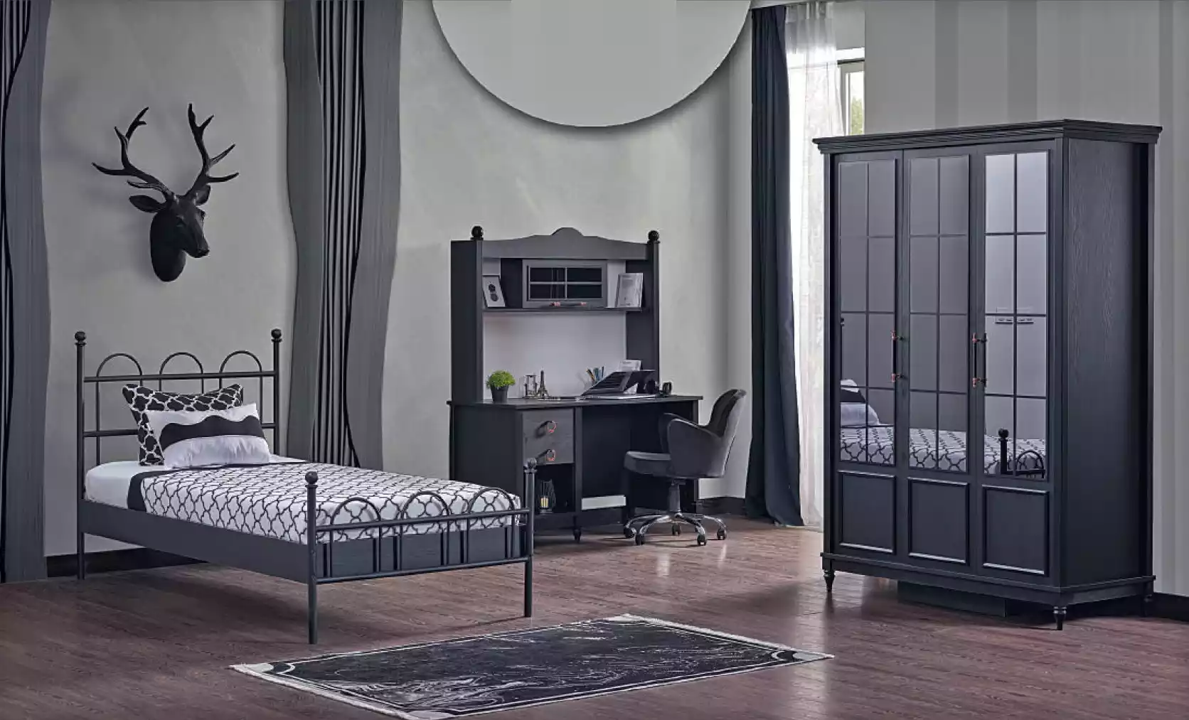 Komplettzimmer Schlafzimmer Bett Schrank Schreibtisch Schwarzes 3tlg