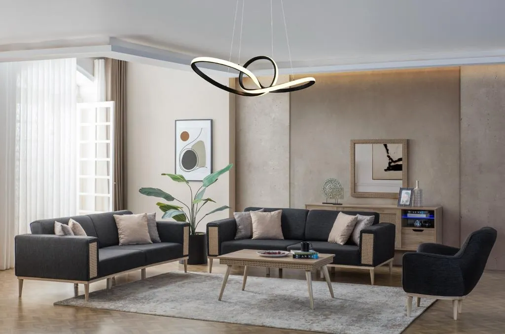 Designer Schwraze Sofagarnitur Luxus Wohnzimmer Couchen Holzgestell Set