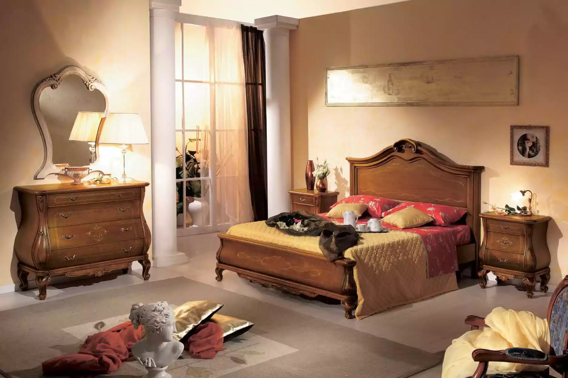 Braunes Schlafzimmer Set Bett 2x Nachttische Kommode Spiegel Klassisch
