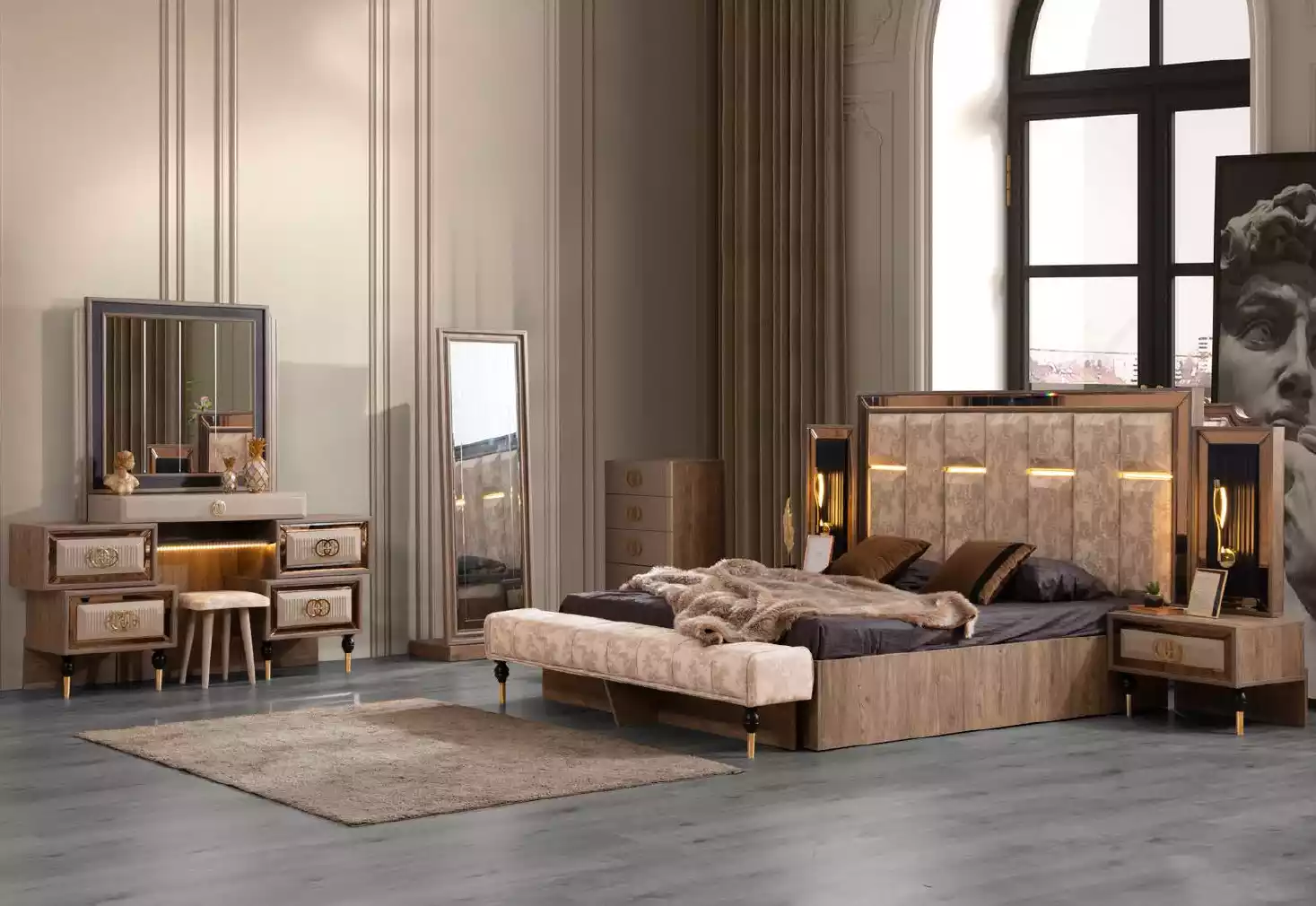 Komplette Schlafzimmermöbel Luxus Bett Set 6tlg Doppelbett Beige Stoff