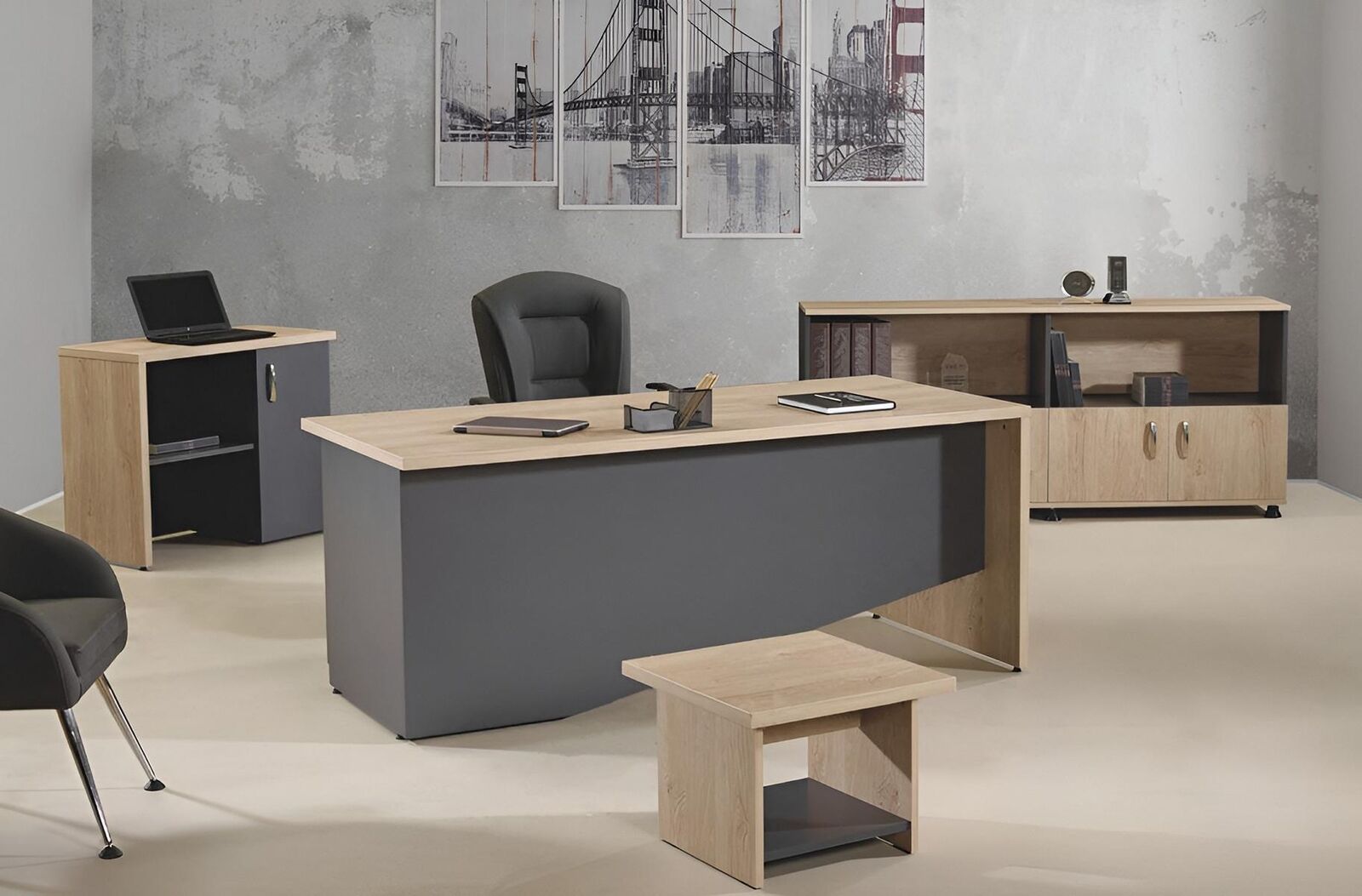 Garnitur Büromöbel Komplettbüro Schreibtisch Set 4tlg Holz Grau Büro