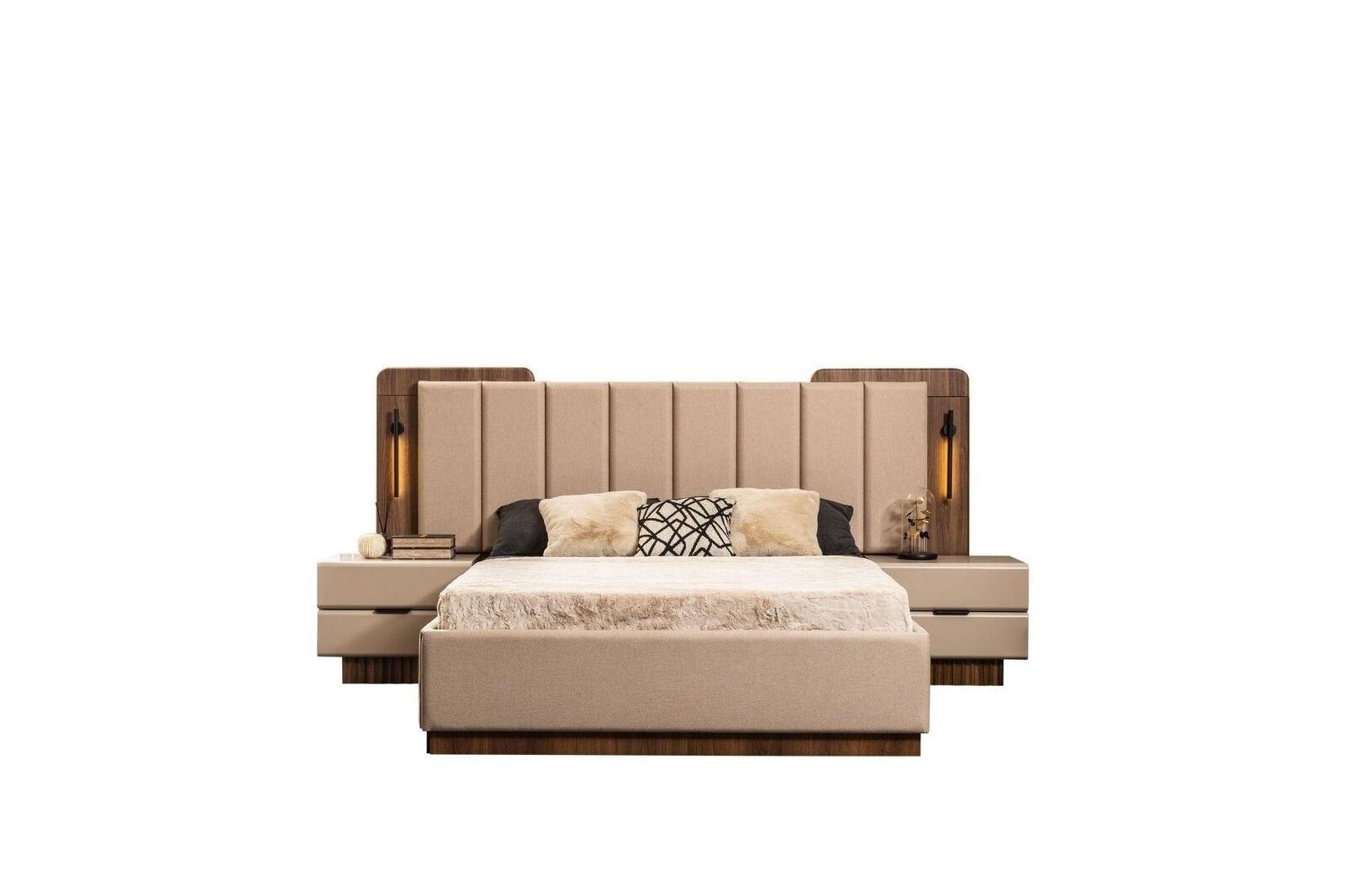 Komplette Schlafzimmer Doppelbett Bett Nachttische Beige Stoff 3tlg