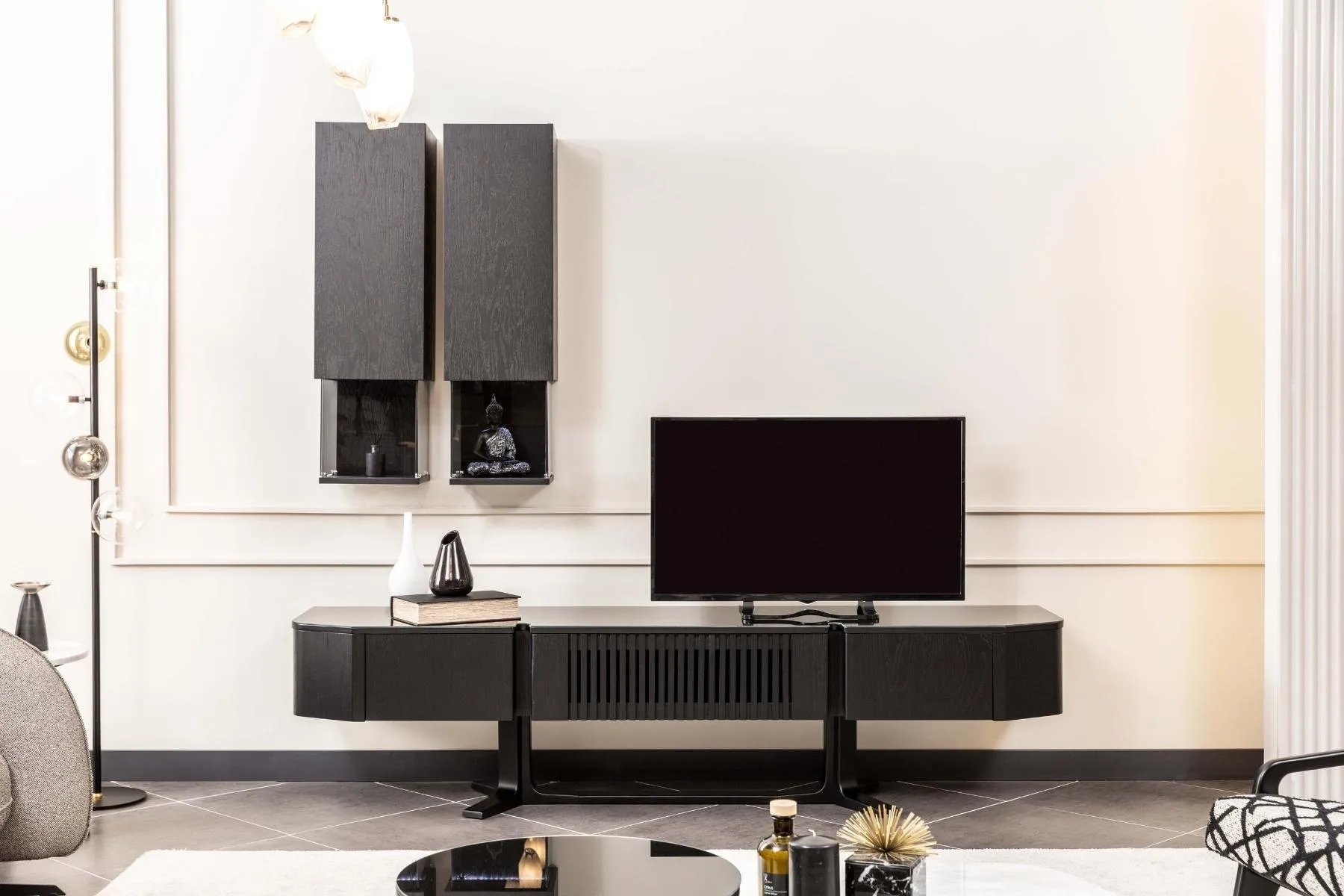 Schwarzes Wohnwand Set Designer Holz TV-Ständer Luxuriöse x2 Wandregale