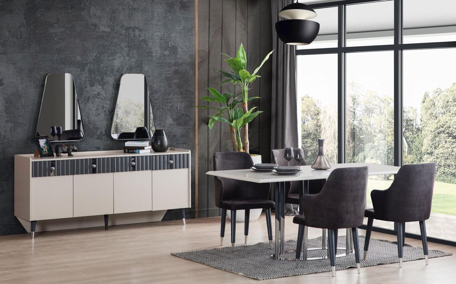 Moderne Essgruppe Rechteckiger Esstisch 6x Stühle Sideboard 2x Spiegel