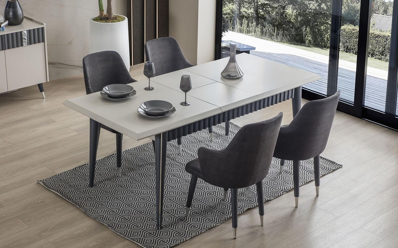 Designer Rechteckiger Weißer Esstisch 6x Graue Polster Stühle 7tlg. Set