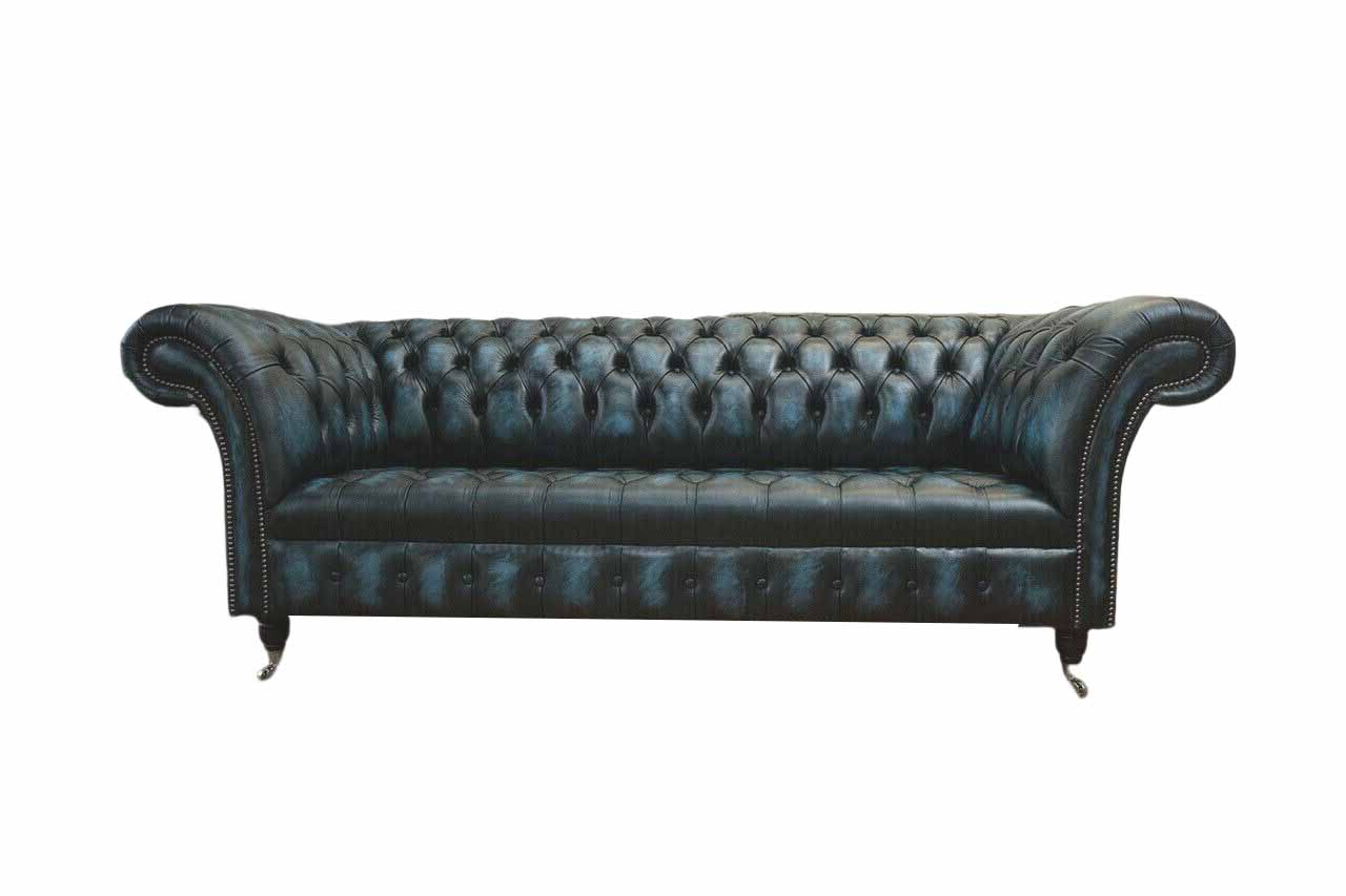 Klassischer 3 Sitz Couch Polster Sitz Chesterfield Textil Leder Blau