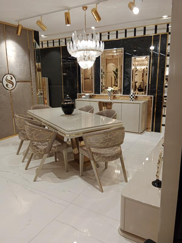 Exklusives Design Luxuriöser Esstisch + 6x Stühle + Anrichte mit Spiegel