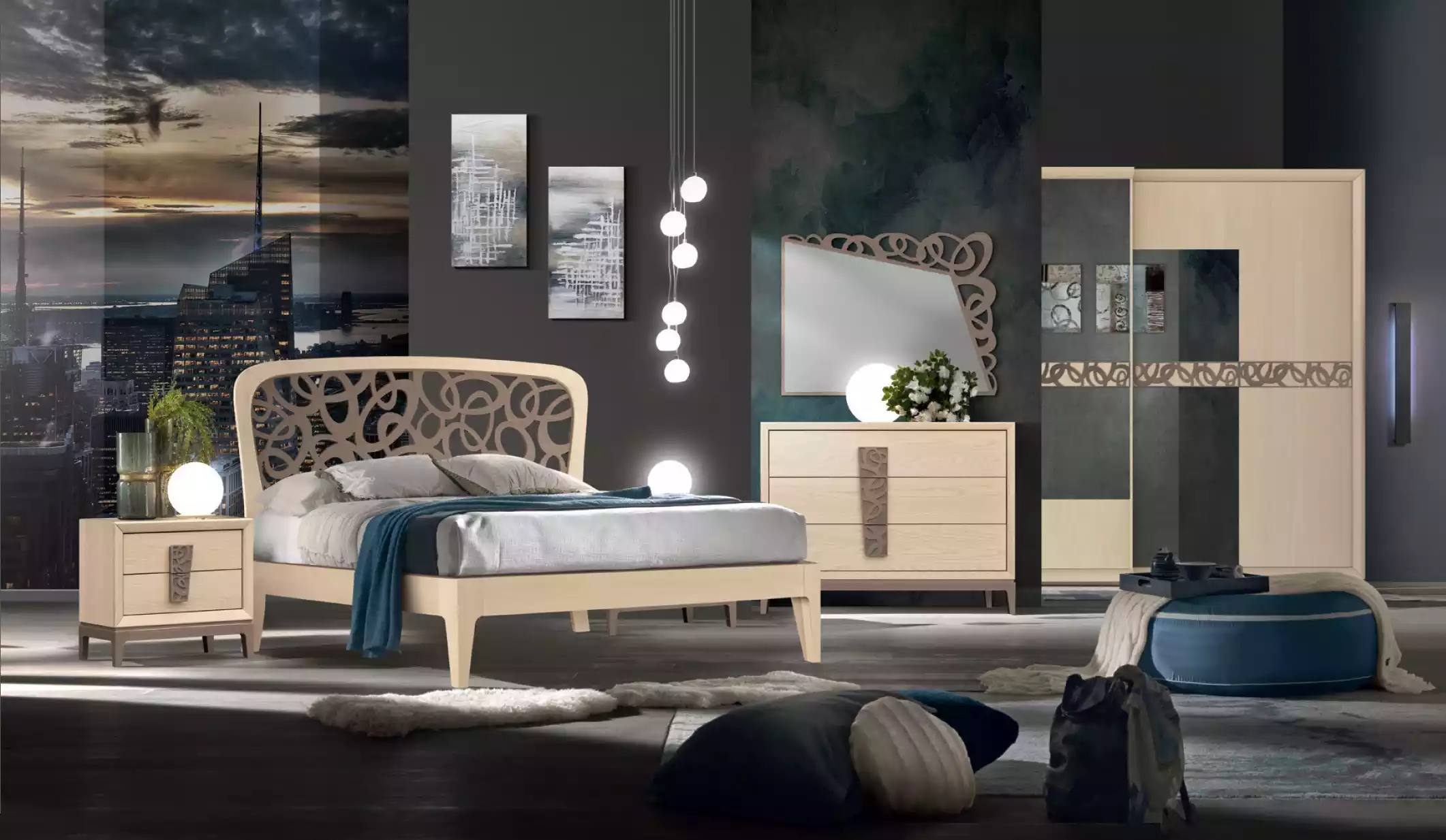 Schlafzimmer Set Bett 2x Nachttische Kleiderschrank Design Luxus 6tlg
