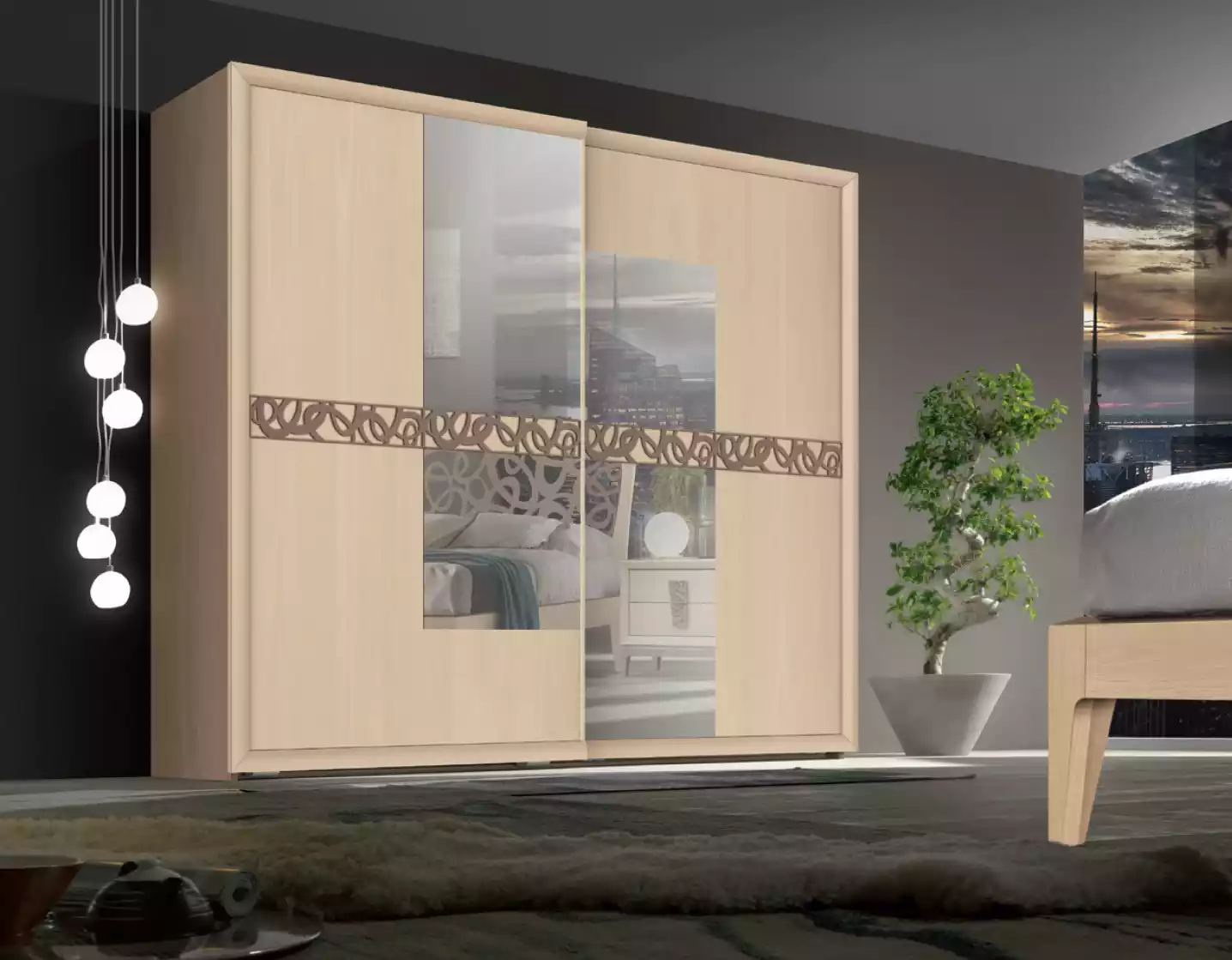 Schwebetürenschrank Schrank Kleiderschrank mit iegel Holz Luxus Modern
