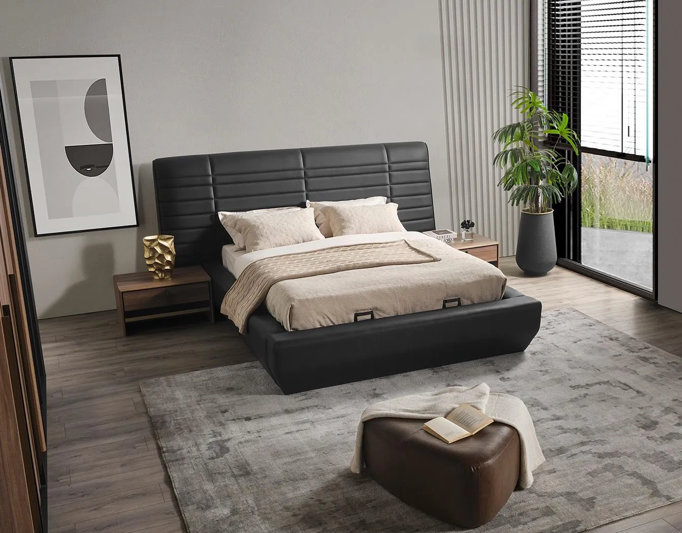 Schlafzimmer Set Bett 2x Nachttische schwarz Luxus 3tlg Design Holz
