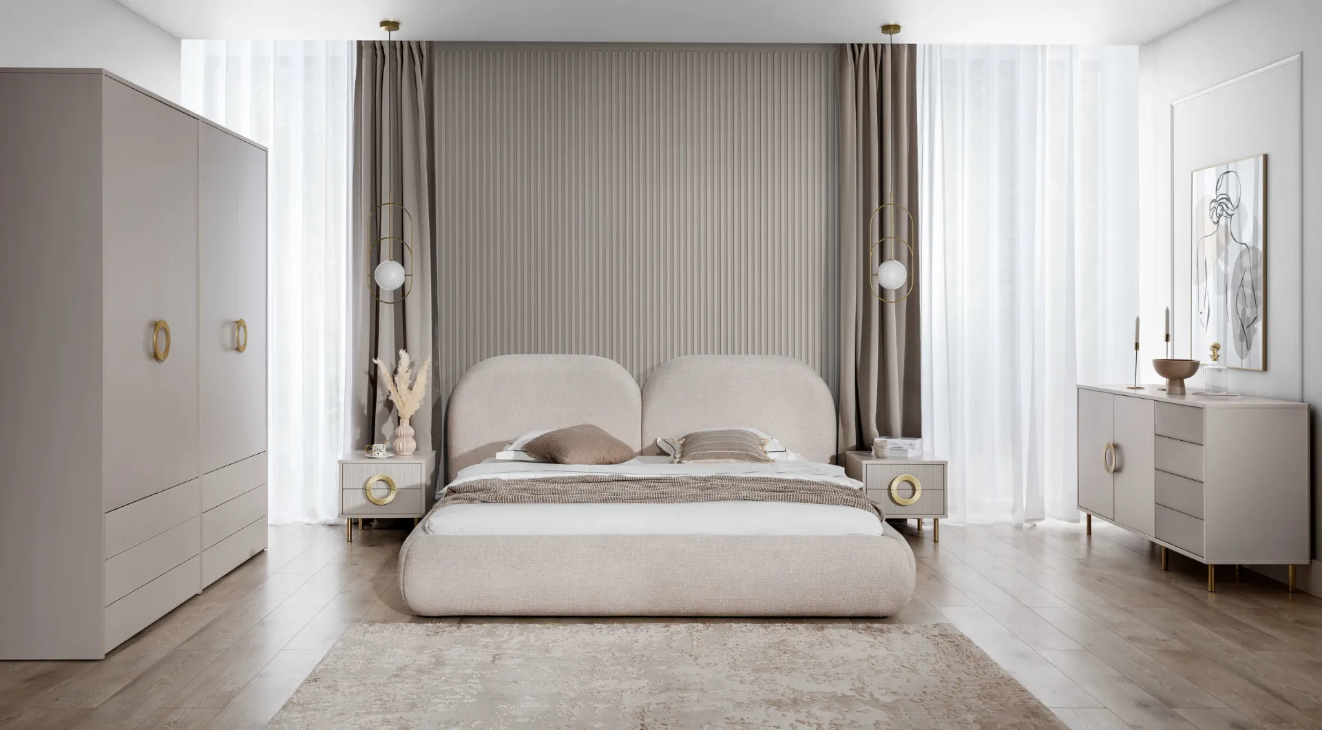 Beiges Schlafzimmer Set Doppelbett Kleiderschrank 2x Nachttische