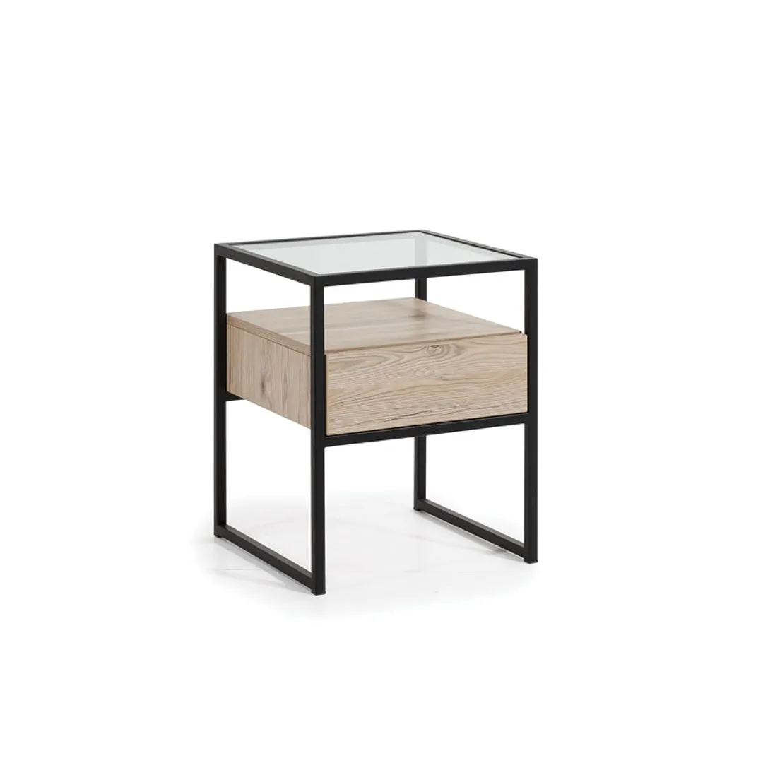 Schlafzimmer Moderner Nachttisch Glasplatte Metallgestell Holz Möbel