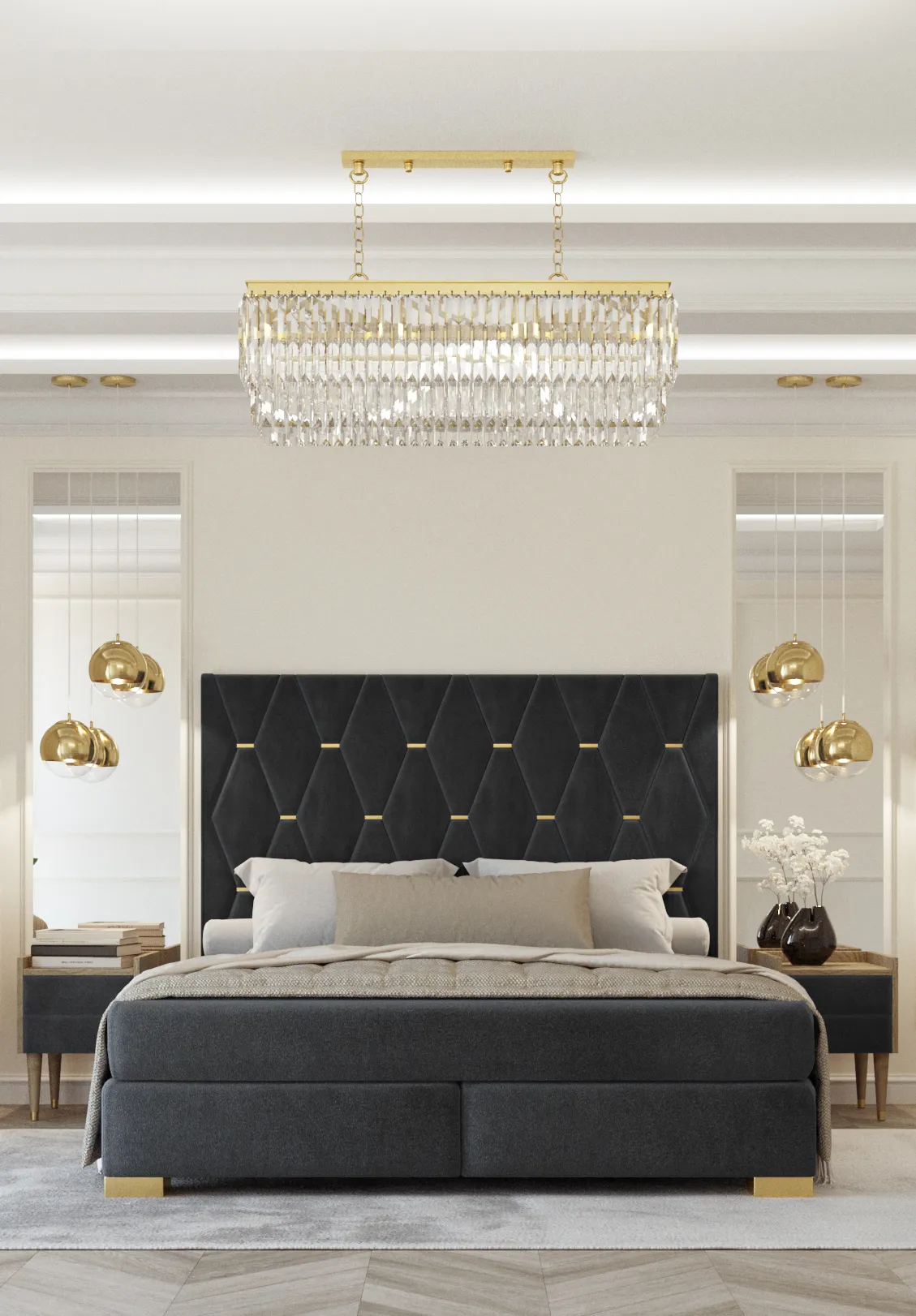 Designer Graue Schlafzimmer Garnitur Edelstahl Doppelbett Nachttische