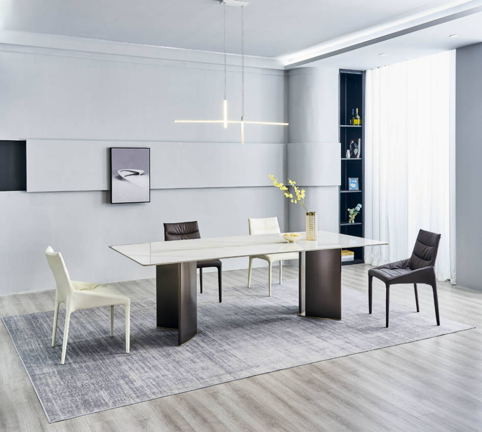 Großes Esszimmer Set Rechteckiger Weißer Esstisch 4x Textilstühle 5tlg