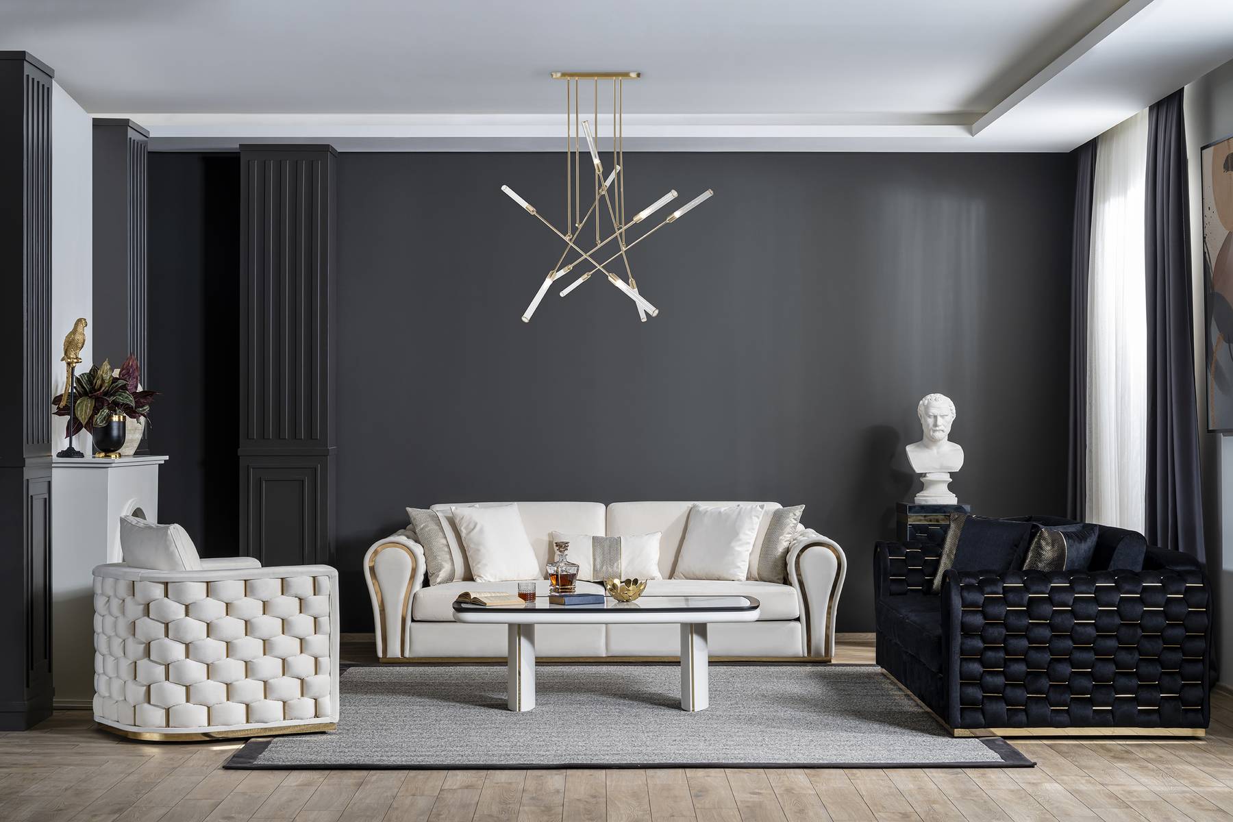 Wohnzimmer Sitzgruppe Luxus Dreisitzer Sessel Designer Weißes Set 3tlg