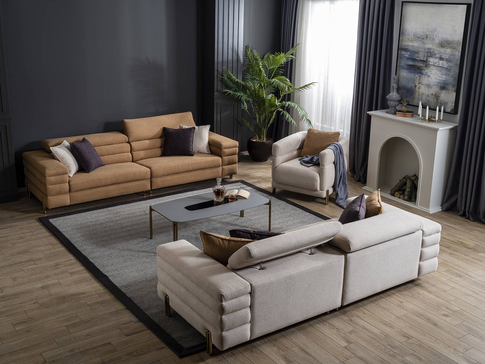 Braun-Beiges Wohnzimmer Couchgarnitur Designer 4+3+1 Sitzer Polstermöbel
