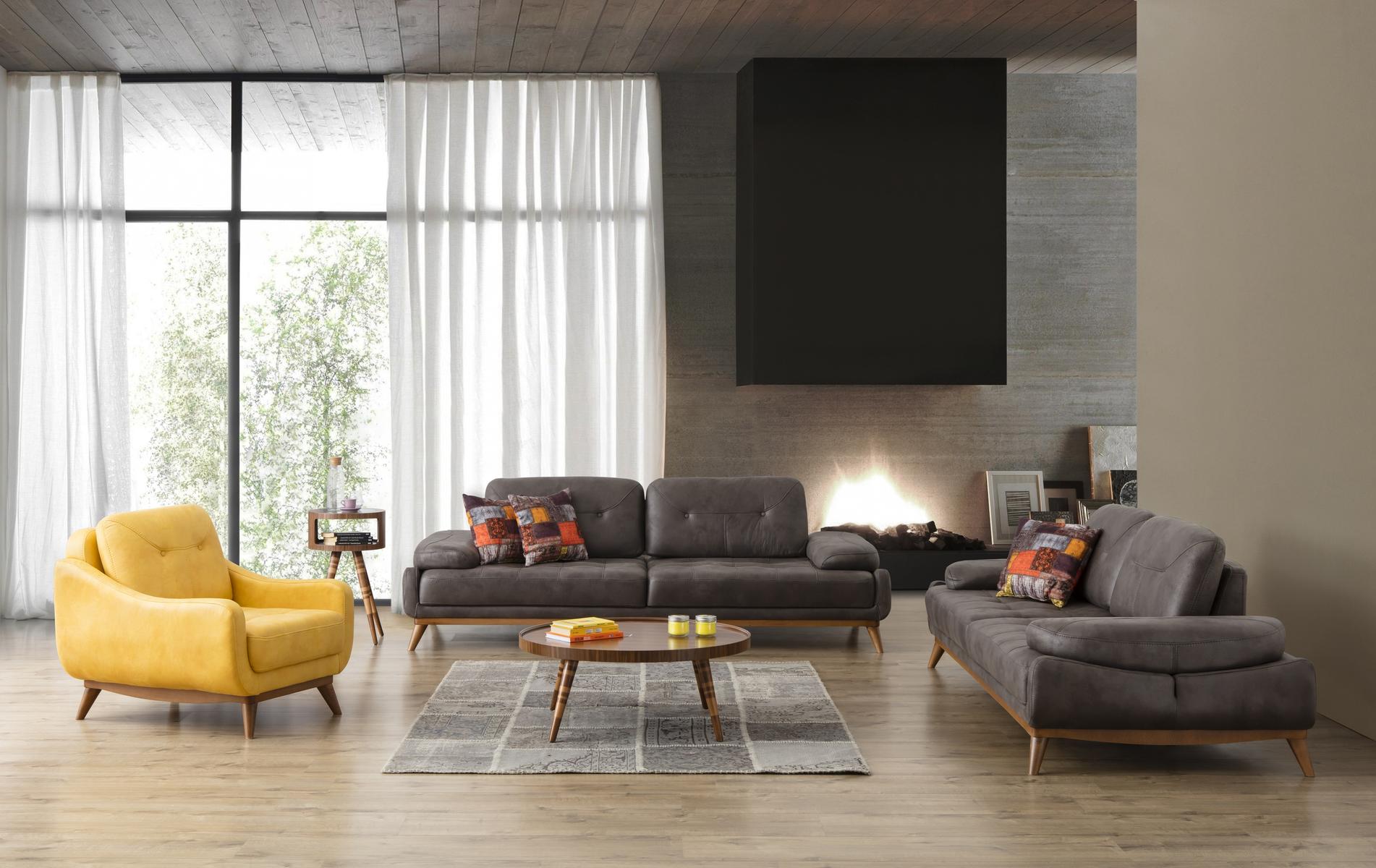 Grau-Gelbe Sofagarnitur 3+3+1 Sitzer Luxus Polstermöbel Wohnzimmer Set