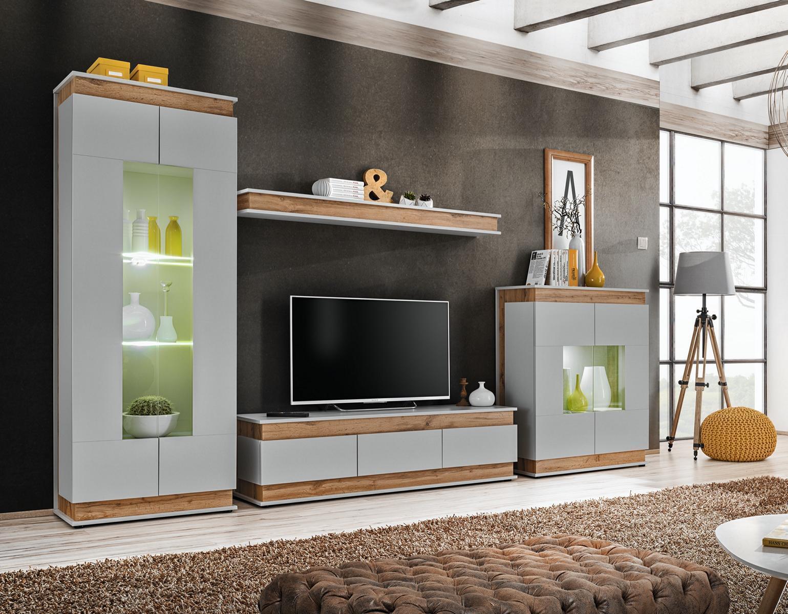 Luxus Modern Wohnzimmer Set 4tlg. Wohnwand Vitrine Regal Holz Möbe Neu