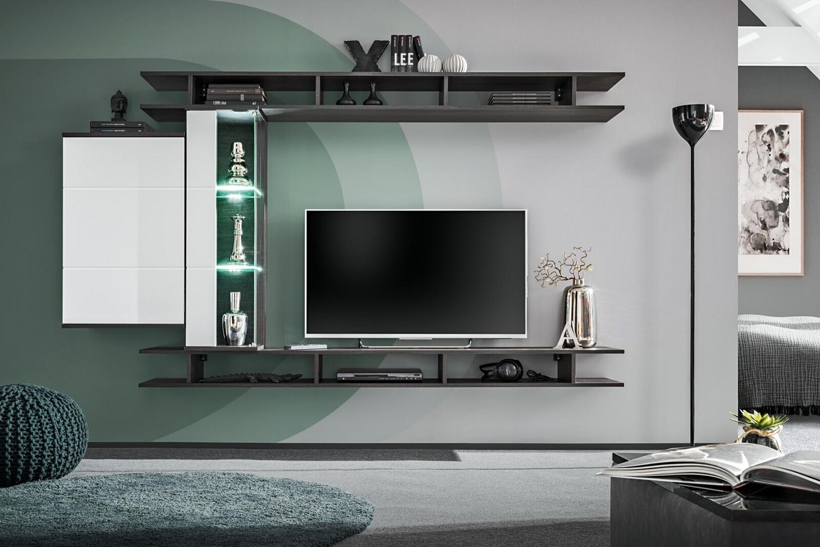 Modern Wohnwand Grau Designer Wohnzimmer Möbel Holz Wandschrank