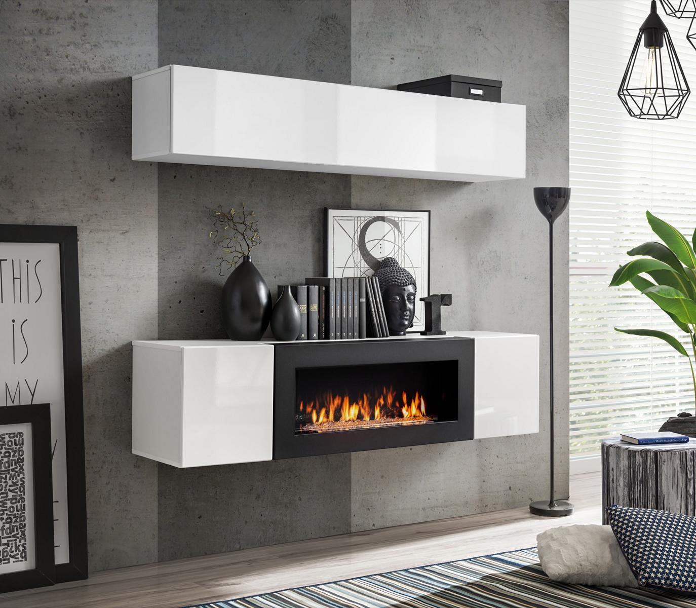 Wohnwand Hänge Sideboard Schrank 2tlg mit Kamin Schränke Schwarz Hochglanz